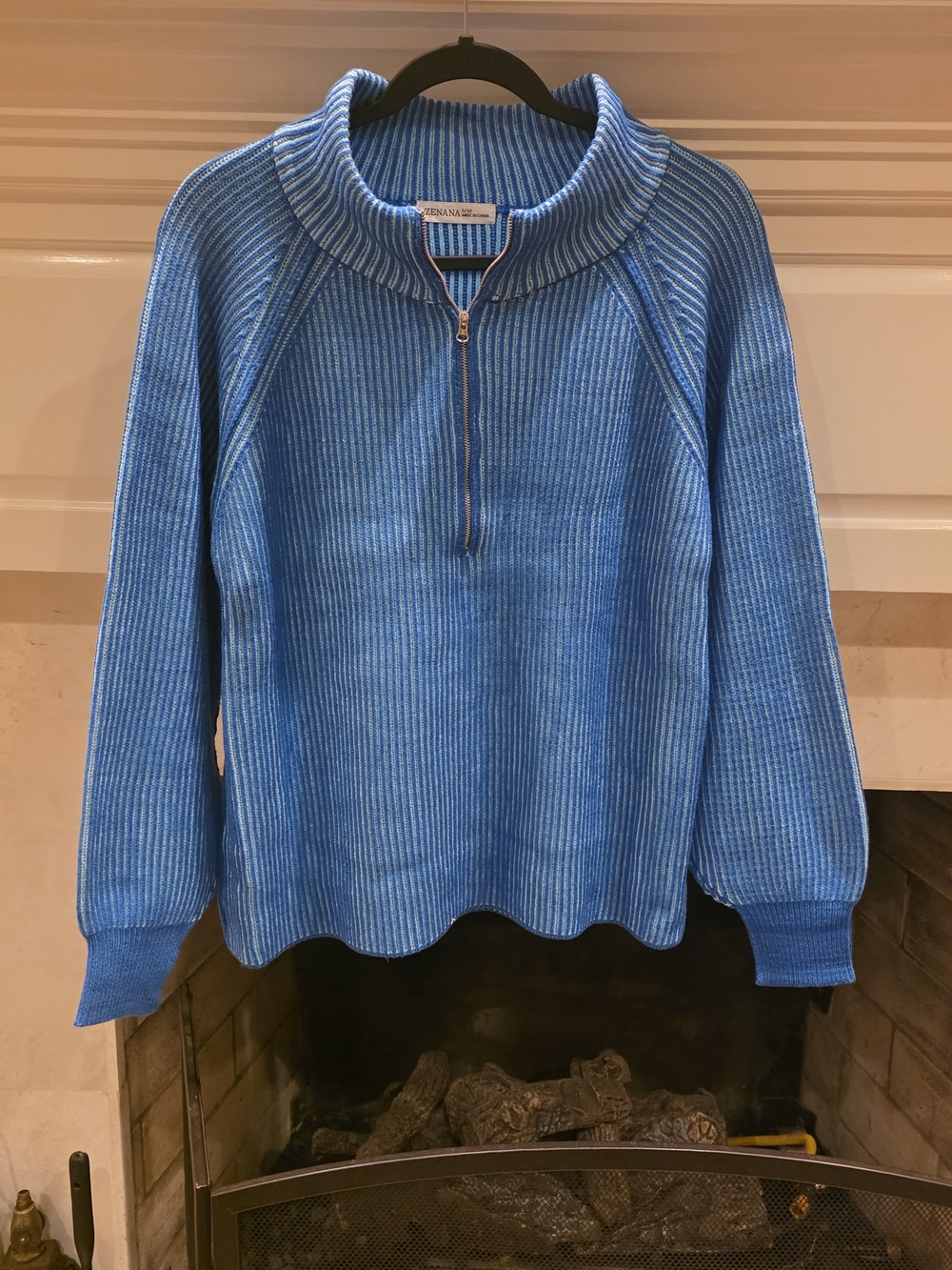 Zenana Outfitters Blue & Cream Ribbed Half-Zip Funnel Sweater